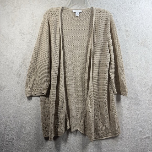 CJ Banks Sweaters - CJ Banks Open Front Cardigan Women's 1X Beige‎ Open Knit 3/4 Sleeve